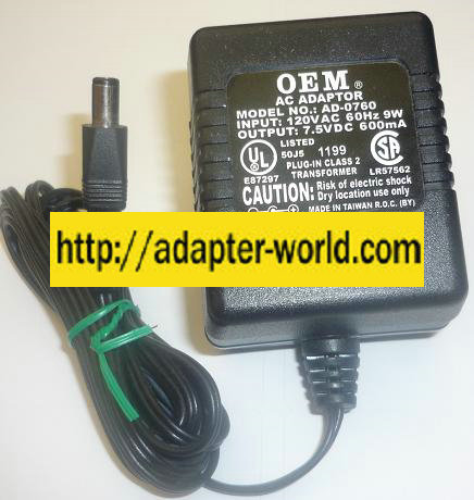 OEM AD-0760 AC ADAPTER 7.5VDC 600mA new -( ) 2x5.5x9.6mm round