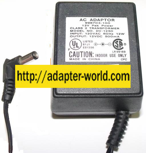 PAK POWER DV-1250 AC ADAPTER 12V DC 500mA 12W PLUG-IN CLASS 2 PO