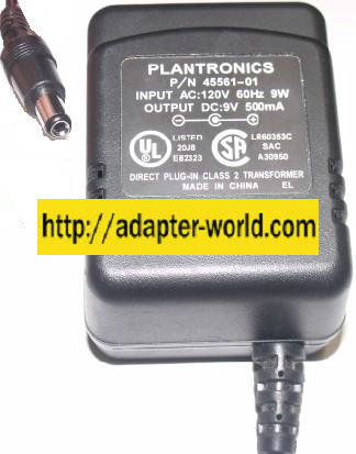 PLANTRONICS 45561-01 AC ADAPTER 9V 500mA DIRECT PLUG IN CLASS 2