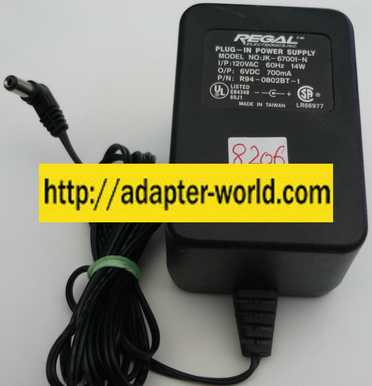 REGAL ELECTRONICS JK-67001-N AC ADAPTER 6VDC 700mA NEW -( ) 2x5