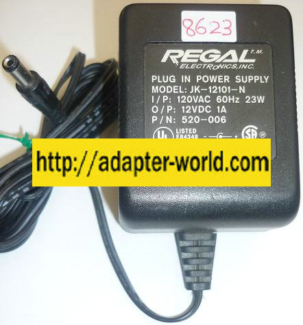REGAL JK-12101-N AC ADAPTER 12VDC 1A NEW -( ) 2x5.5x11mm ROUND