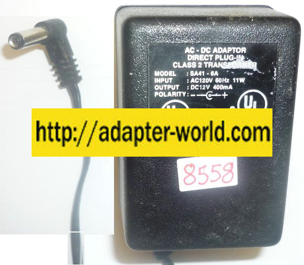 SA41-6A AC ADAPTER 12VDC 400mA NEW -( ) 2x5.5x14mm 90 DEGREE RI