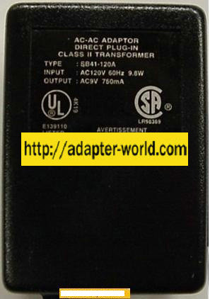 SB41-120A AC ADAPTER 9VDC 750mA CLASS 2 POWER SUPPLY