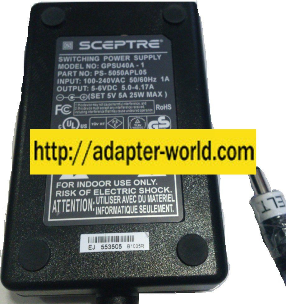 SCEPTRE GPSU40A-1 AC ADAPTER 5VDC 5A 25W NEW 2X5.5mm -( )- 100-