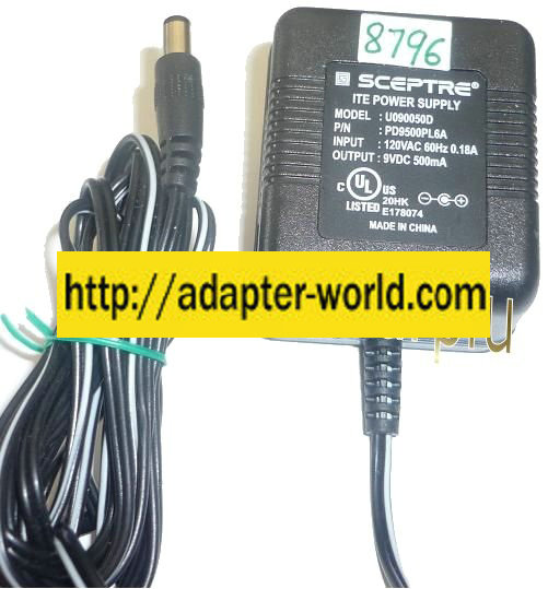 SCEPTRE U090050D AC ADAPTER 9VDC 500mA NEW -( ) 2.5x5.5mm ROUND