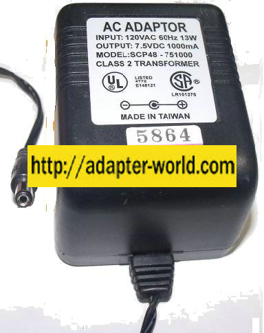 SCP48-751000 AC DC ADAPTER 7.5V 1000mA PLUG IN CLASS 2 POWER SUP