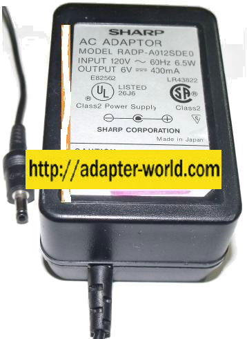 SHARP RADP-A012SDE0 AC ADAPTER 6Vdc 400mA 1.5x4mm -( ) 120vac PL