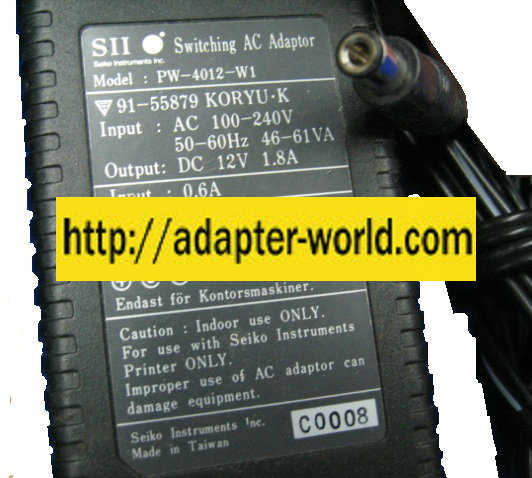 SII PW-4012-W1 AC ADAPTER 12VDC 1.8A New 3 x 6.5 x 10.2 mm Stra