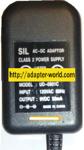 SIL UD-0901C AC ADAPTER 9VDC 50mA PLUG IN CLASS 2 TRANSFORMER