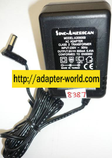 SINO-AMERICAN A30906B AC ADAPTER 9VDC 600mA NEW -( ) 2x5.5m U.K