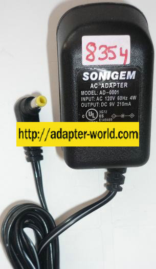 SONIGEM AD-0001 AC ADAPTER 9VDC 210mA NEW -( ) 1.7x4.5mm ROUND