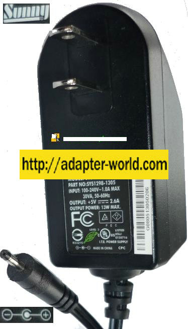 SUNNY SYS1298-1305-W2 AC ADAPTER 5V DC 2.6A 13W Switching POWER