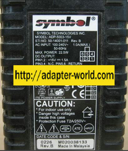SYMBOL ADP-5003-15V AC ADAPTER 15VDC 1.5A 6Pin Molex ITE POWER S