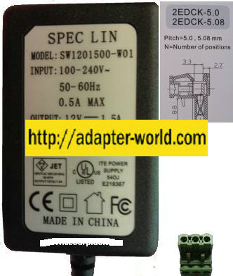 Spec Lin SW1201500-W01 AC Adapter 12VDC 1.5A 3Pin Block NEW Powe