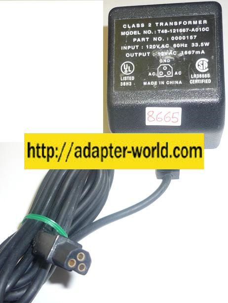 T48-121667-A010C AC ADAPTER 12VAC 1667mA NEW ~(~) 3 PIN FEMALE