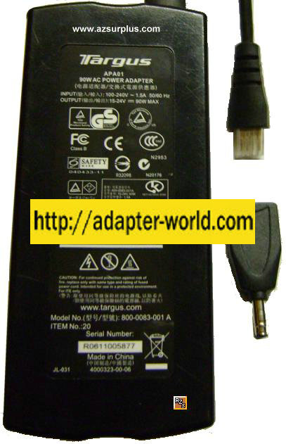 TARGUS APA01 UNIVERSAL AC ADAPTER 15VDC - 24VDC 90W POWER SUPPLY