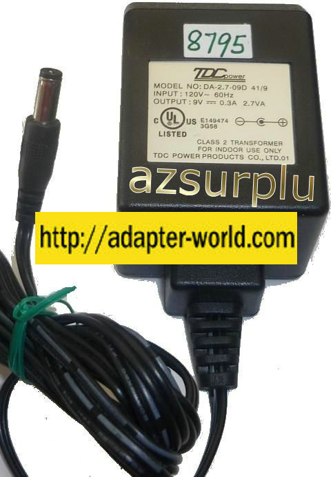 TDC POWER DA-2.7-09D 41/9 AC ADAPTER 9VDC 0.3A 2.7VA NEW -( ) 2