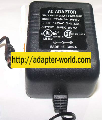TEAD-48-180800U AC ADAPTER 18Vdc 800mA (-) 2x5.5mm new 120vac