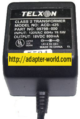 TELXON ACD-425 AC ADAPTER 18Vdc 800mA -( ) 2.5x5.5mm New 120Vac