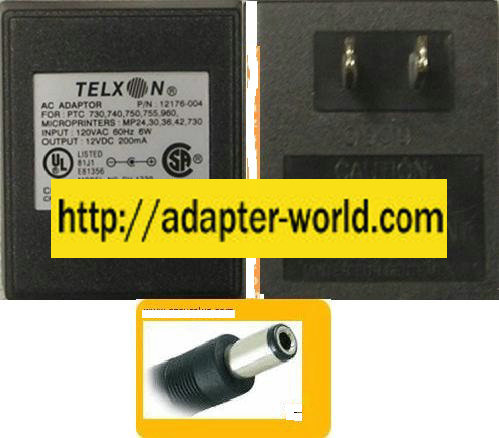TELXON DV-1230 AC ADAPTER 12VDC 200mA -( ) 2.5x5.5mm New 120vac