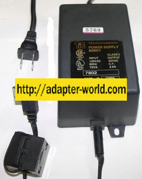 TIE COMMUNICATIONS 60001 AC ADAPTER 22VAC 2.5A 3Pin 7x15mm NEW