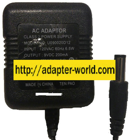 U090020D12 AC ADAPTER NEW -( ) 9VDC 200mA 90Degree round barrel