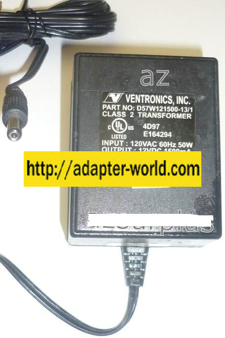 VENTRONICS D57W121500-13/1 AC ADAPTER 12VDC 1500mA NEW -( ) 2x5