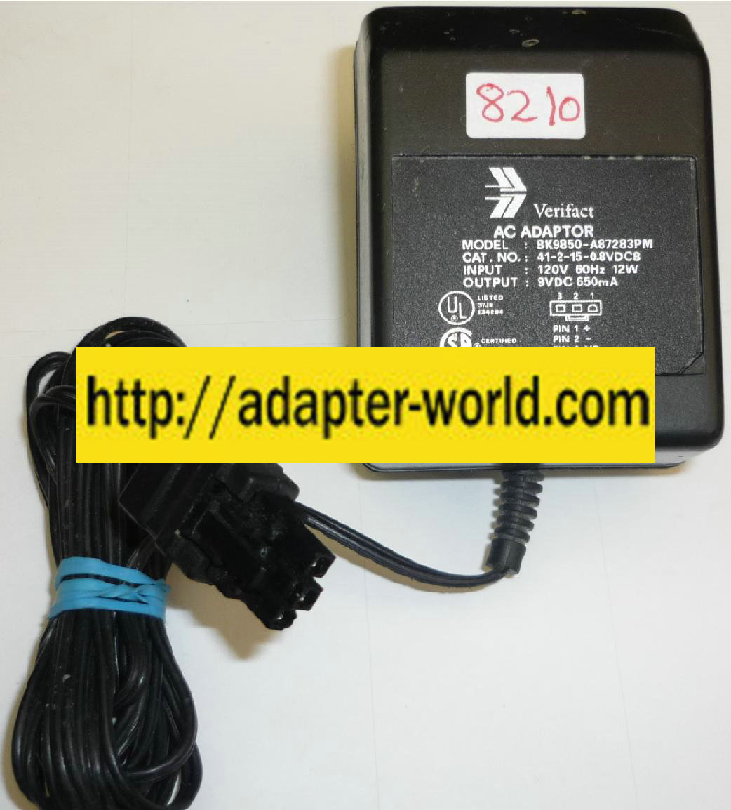 VERIFACT BK9850-A8783PM AC ADAPTER NEW 3 PIN MOLEX 9VDC 650mA 4