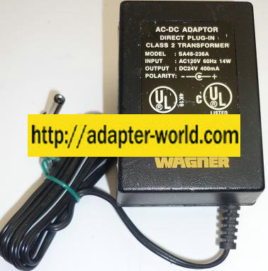 WAGNER SA48-236A AC ADAPTER 24VDC 400mA NEW -( ) 2x5.5mm ROUND