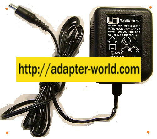 XEPEX AD 7.5/7 WP4106075D AC ADAPTER 7.5VDC 700mA PLUG-IN CLASS
