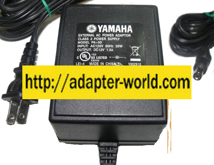 YAMAHA PA-5D AC ADAPTER 12Vdc 1.5A -( ) 2x5.5mm 120vac ~ Linear