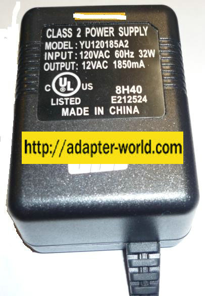 YU120185A2 AC ADAPTER 12VAC 1850mA CLASS 2 Power Supply