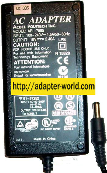 ACBEL POLYTECH API-7595 AC ADAPTER 19VDC 2.4A POWER SUPPLY