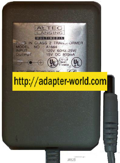 ALTEC LANSING A1664 AC ADAPTER 15Vdc 800mA NEW -( ) 2x