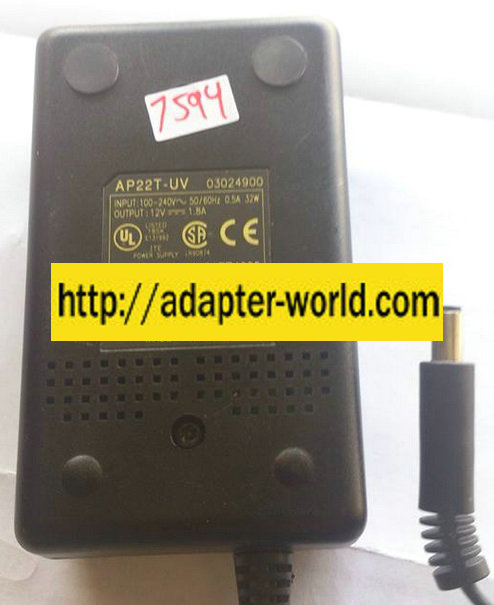 AP22T-UV AC ADAPTER 12VDC 1.8A NEW -( )- 2.3x5.5x10mm