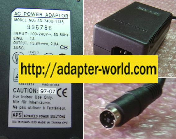 APS AD-74OU-1138 AC ADAPTER 13.8Vdc 2.8A new 6pin 9mm mini din