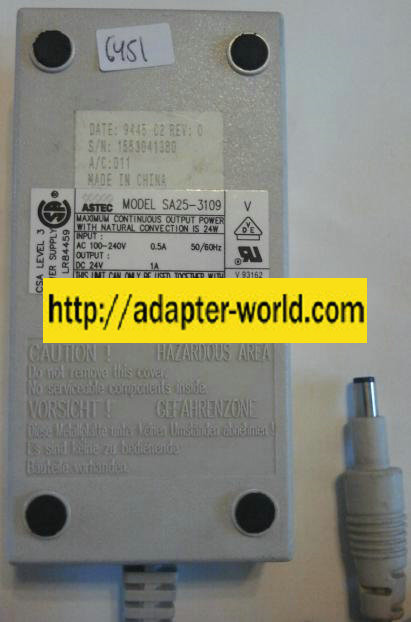 ASTEC SA25-3109 AC ADAPTER NEW 24VDC 1A 24W 3 x 5.5 x 9.8mm