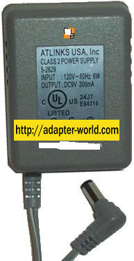 ATLINKS USA 5-2629 AC ADAPTER 9VDC 300mA POWER SUPPLY CLASS 2 TR