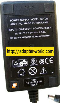 Ault SC100 AC ADAPTER 16vdc 1.56A Power Supply TA-16-03-F-01 100