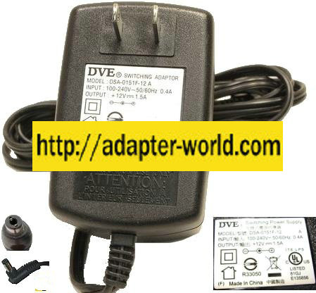 DVE DSA-0151F-12 A AC ADAPTER 12V 1.5A 2.5mm SWITCHING POWER SU