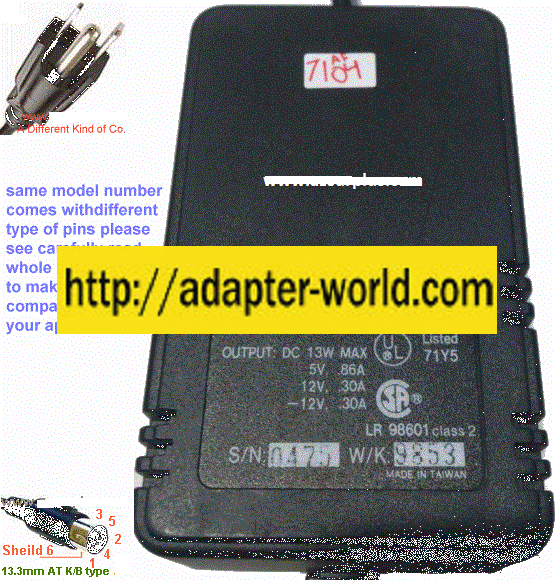 ELPAC WM113TT AC ADAPTER 5PIN 13mm DC 5V 0.86A 12V 0.30A -12V 3.