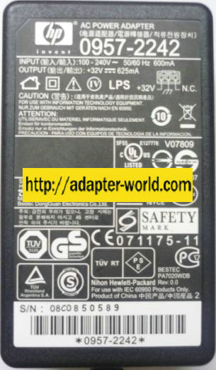 HP 0957-2242 AC ADAPTER 32V 625mA PRINTER POWER SUPPLY