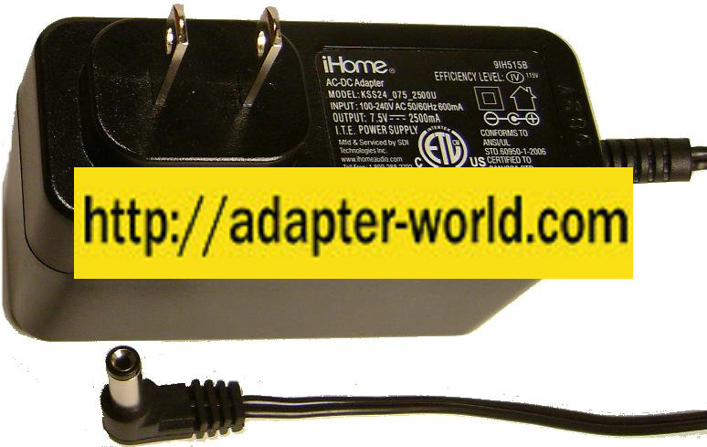 iHome KSS24_075_2500U AC DC Adapter 7.5V 2.5A SDI ITE Power Supp