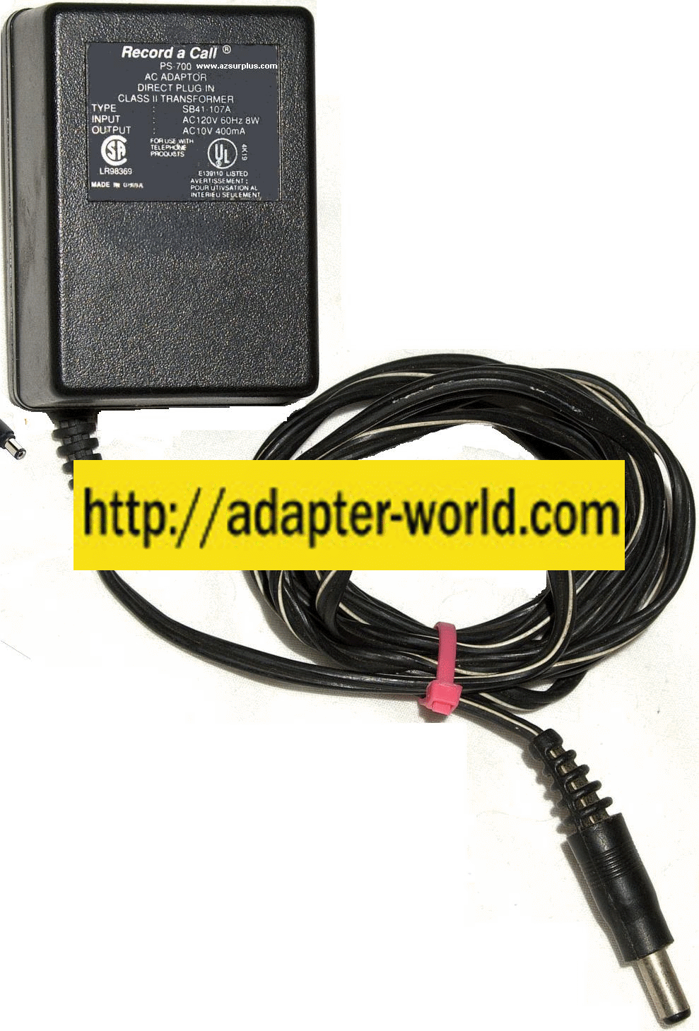 Record a Call SB41-107A AC ADAPTER 10VAC 400mA 2x5.5x12mm ~(~)~