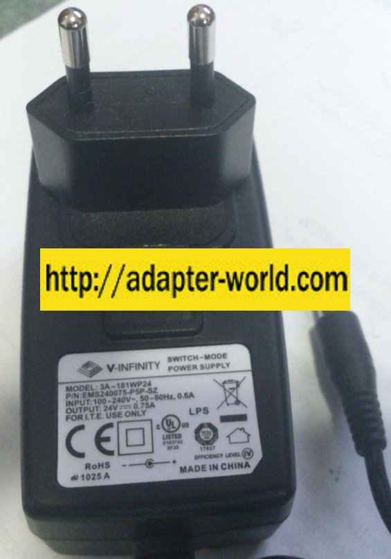 V-INFINITY 3A-181WP24 AC ADAPTER 24VDC 0.75A NEW -( )-