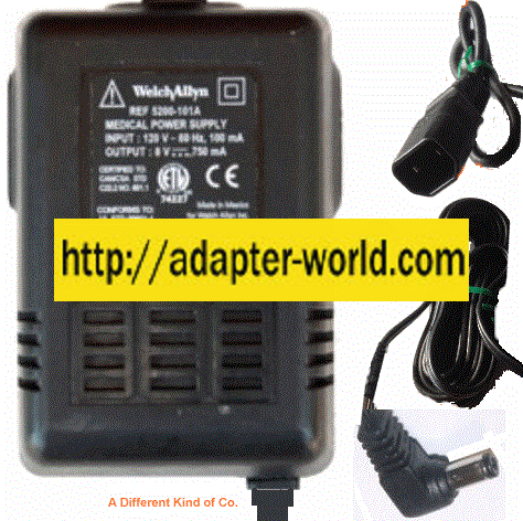 NEW WelchAllyn 5200-101A AC ADAPTER 8VDC .75A -( ) New 90 ° 2.5x5.5.