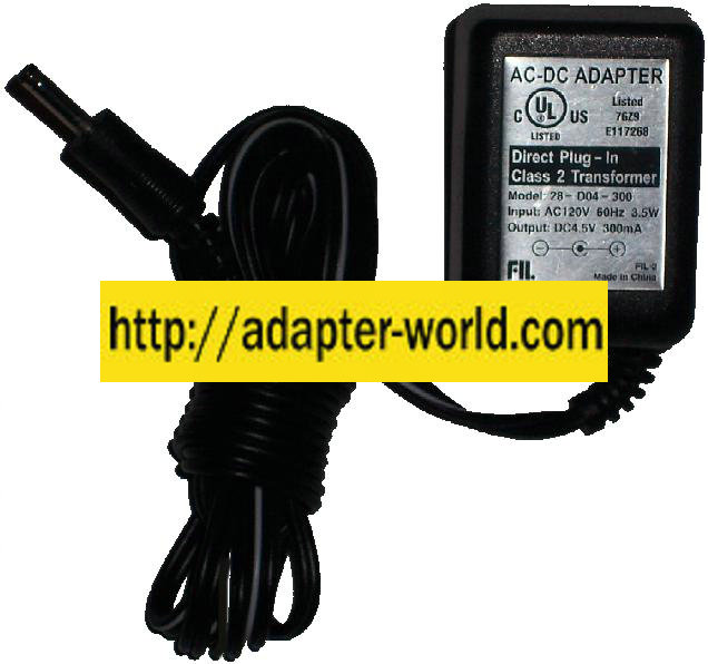 FIL 28-D04-300 AC ADAPTER 4.5Vdc 300mA -( )- 1.2x5.5mm 120Vac PO