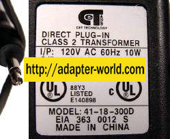 CET 41-18-300D AC DC ADAPTER 18V 300mA POWER SUPPLY