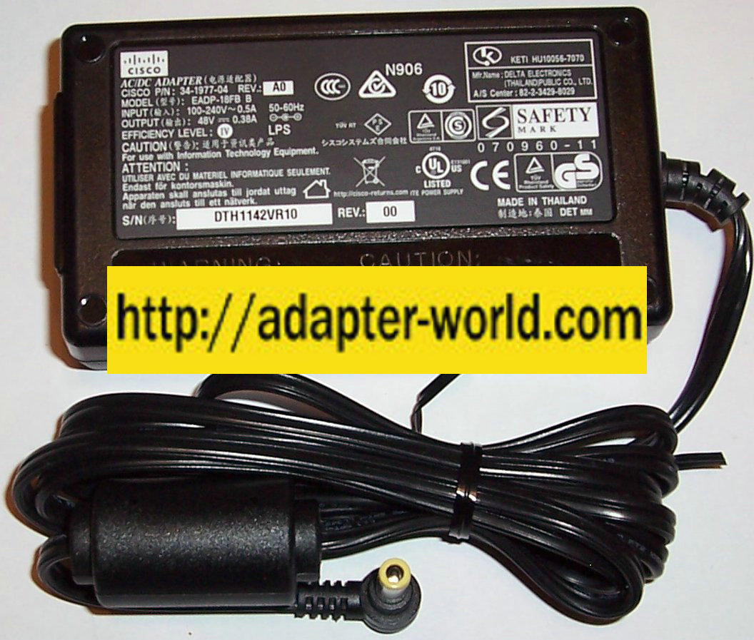 CISCO EADP-18FB B AC ADAPTER 48VDC 0.38A NEW -( ) 2.5x5.5mm 90 °