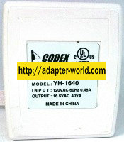 CODEX YHP-1640 AC ADAPTER 16.5VAC 40VA POWER SUPPLY PLUGIN CLASS